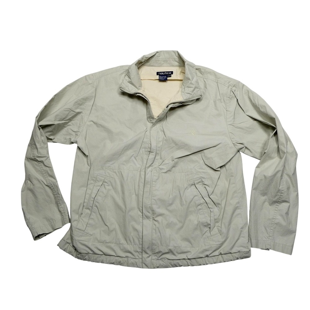 Nautica Jacket Mens XL Beige Cotton Windbreaker Full Zip Lined Pockets Logo